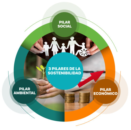 Infografía de Ecocómputo que explica qué es sostenibilidad y sus tres pilares: ambiental, social y económico.