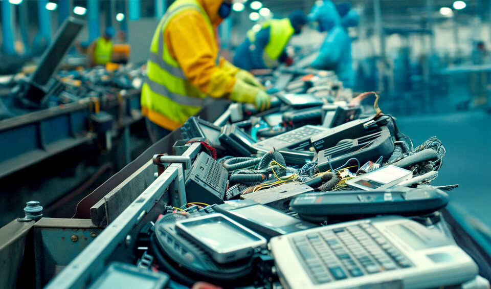 Operarios seleccionando Residuos de Aparatos Eléctricos y Electrónicos – RAEE en una banda transportadora