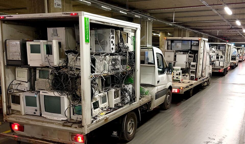 Camión cargado con Residuos de Aparatos Eléctricos y Electrónicos - RAEE recolectados en contenedores, listo para su transporte hacia la bodega de gestión y reciclaje.