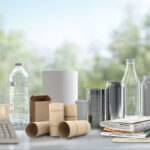 Diez objetos reciclables sobre una mesa blanca iluminada: papel, cartón, plásticos, metales, vidrio, Tetra Pak y RAEE