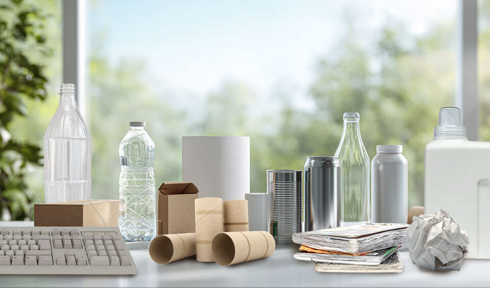 Diez objetos reciclables sobre una mesa blanca iluminada: papel, cartón, plásticos, metales, vidrio, Tetra Pak y RAEE