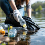Mujer recogiendo botellas plásticas en un río, representando la acción ciudadana frente al impacto de la basura en el planeta.