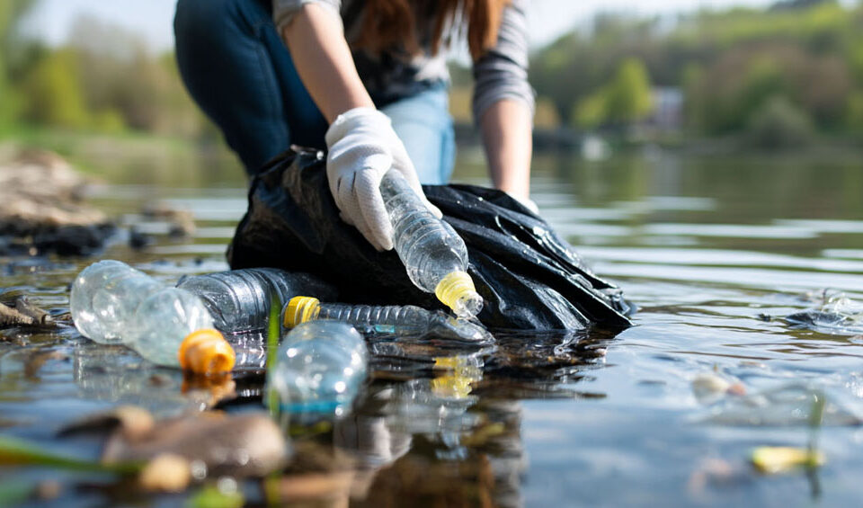 Mujer recogiendo botellas plásticas en un río, representando la acción ciudadana frente al impacto de la basura en el planeta.