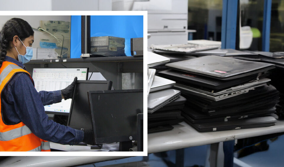 Centro de consolidación RAEE con computadores y periféricos clasificados para gestión ambiental responsable en Colombia.