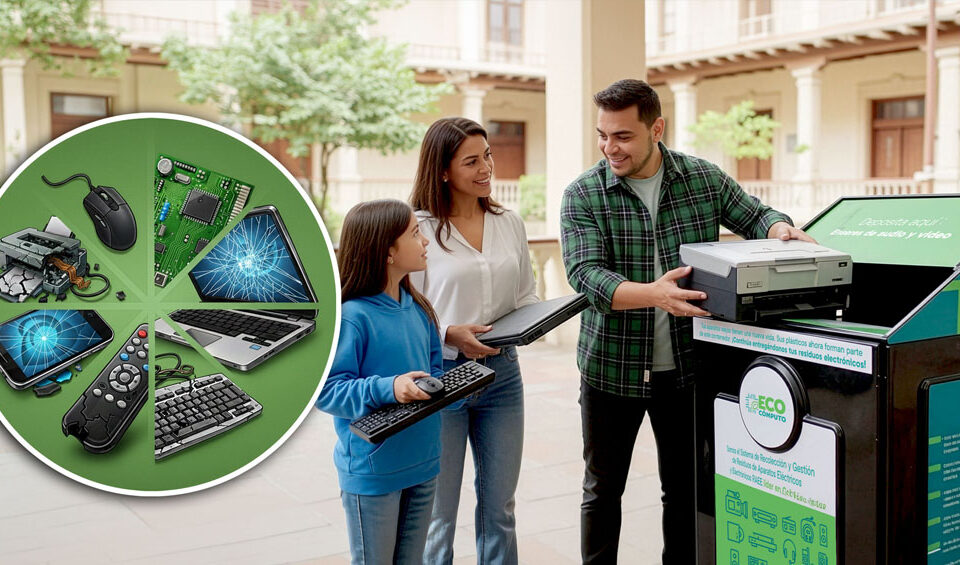 Familia depositando RAEE en un contenedor de EcoCómputo en Colombia como parte de la economía circular.
