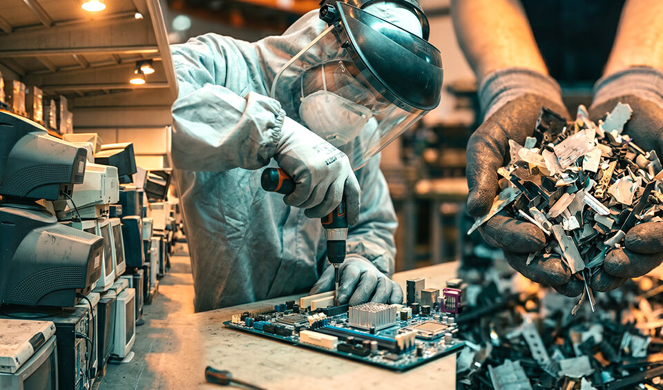Técnico desmontando un computador durante el proceso de reciclaje de RAEE y recuperación de materiales reciclables.