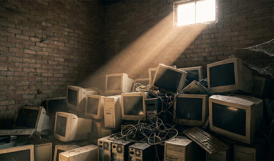 Computadores viejos y monitores en desuso almacenados en una bodega antes de su gestión como Residuos de Aparatos Eléctricos y Electrónicos - RAEE