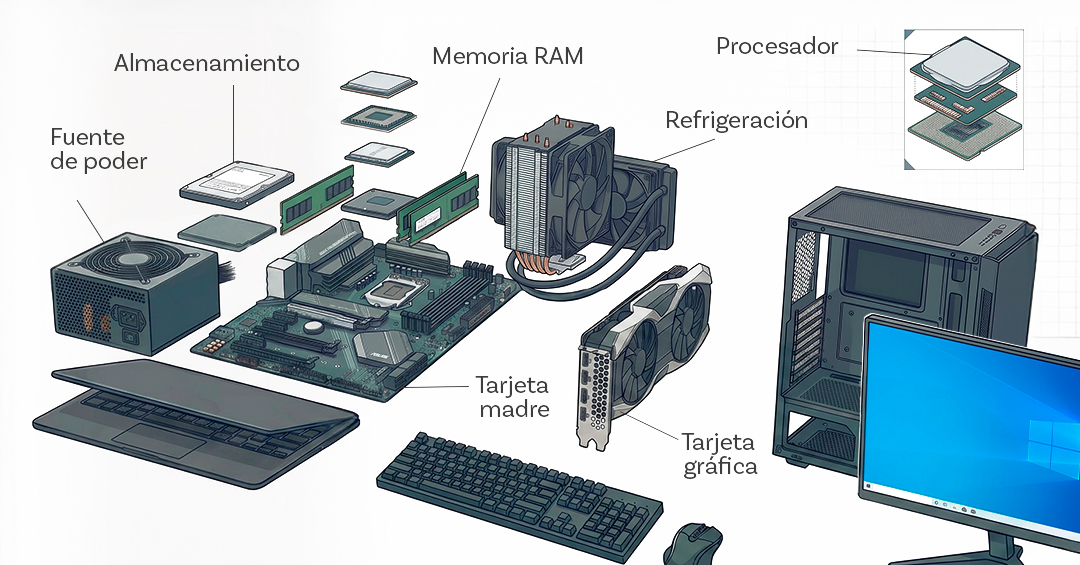Infografía de las principales partes de un computador, incluyendo procesador, memoria RAM, almacenamiento, tarjeta madre, tarjeta gráfica, sistema de refrigeración y fuente de poder.